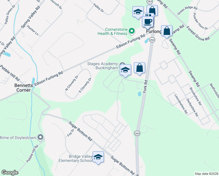 map of restaurants, bars, coffee shops, grocery stores, and more near 3205 Whisper Lane in Furlong