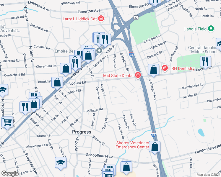map of restaurants, bars, coffee shops, grocery stores, and more near 309 Feeser Rd in Harrisburg