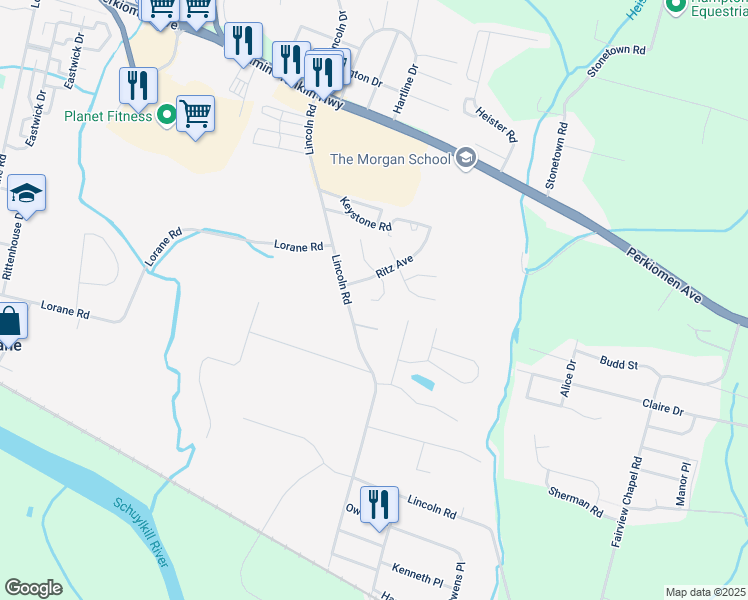 map of restaurants, bars, coffee shops, grocery stores, and more near 113 Ritz Avenue in Reading