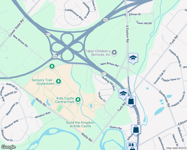 map of restaurants, bars, coffee shops, grocery stores, and more near 6 Charter Oak Court in Doylestown