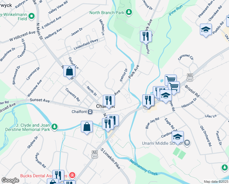 map of restaurants, bars, coffee shops, grocery stores, and more near 6 Patriot Drive in Chalfont