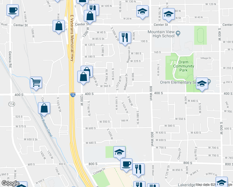map of restaurants, bars, coffee shops, grocery stores, and more near 401 South 1000 West Street in Orem