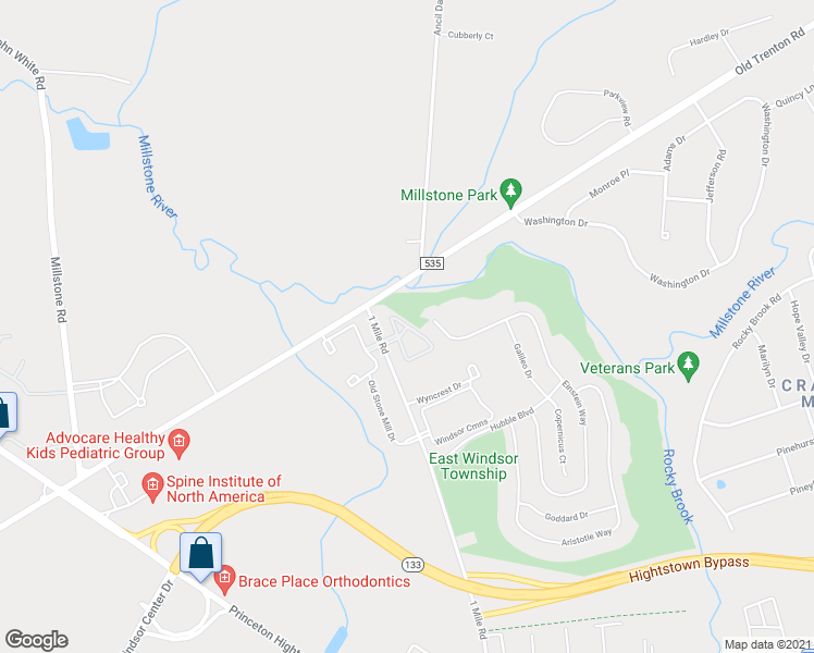 map of restaurants, bars, coffee shops, grocery stores, and more near Wood Mill Drive in East Windsor