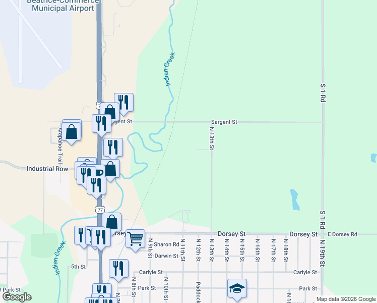 map of restaurants, bars, coffee shops, grocery stores, and more near 24017 North 13th Street in Beatrice