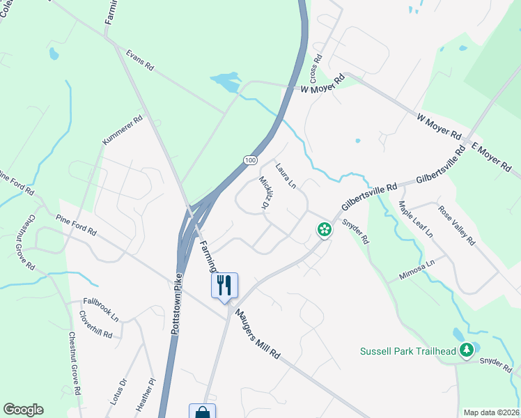 map of restaurants, bars, coffee shops, grocery stores, and more near 103 Birdsong Way in Pottstown