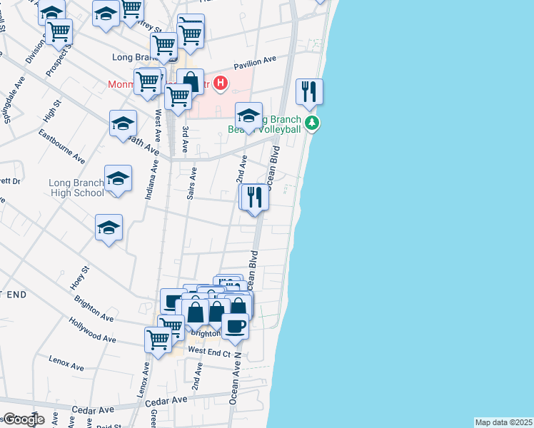 map of restaurants, bars, coffee shops, grocery stores, and more near 32 Cottage Place in Long Branch