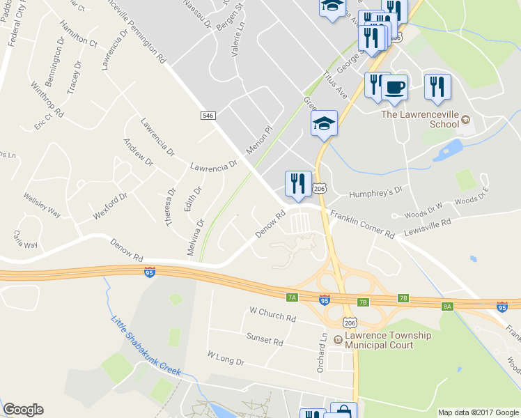 map of restaurants, bars, coffee shops, grocery stores, and more near 8 Polonia Avenue in Lawrence Township