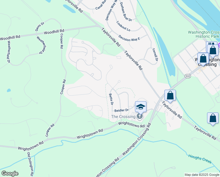 map of restaurants, bars, coffee shops, grocery stores, and more near 49 Betts Drive in Washington Crossing