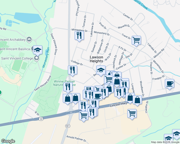 map of restaurants, bars, coffee shops, grocery stores, and more near 146 Pauline Drive in Latrobe