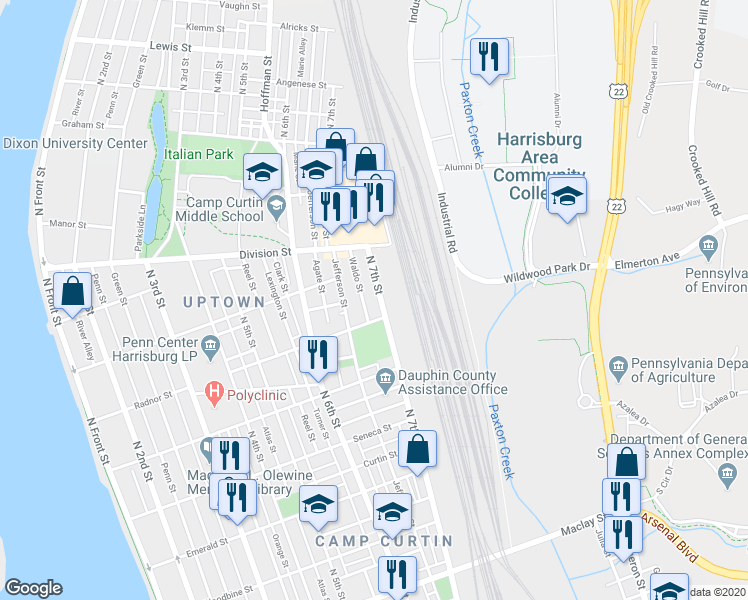 map of restaurants, bars, coffee shops, grocery stores, and more near 2620 N 7th St in Harrisburg