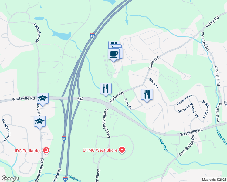 map of restaurants, bars, coffee shops, grocery stores, and more near 4550 Valley Road in Enola
