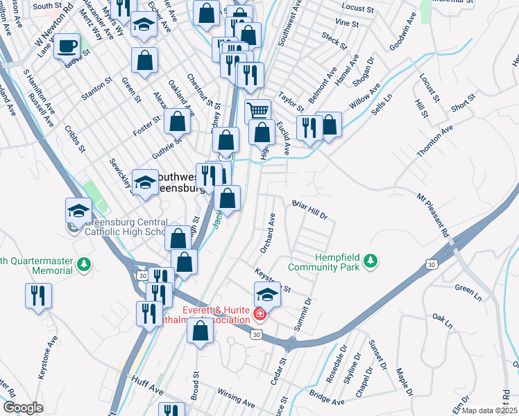 map of restaurants, bars, coffee shops, grocery stores, and more near 923 Highland Avenue in Greensburg