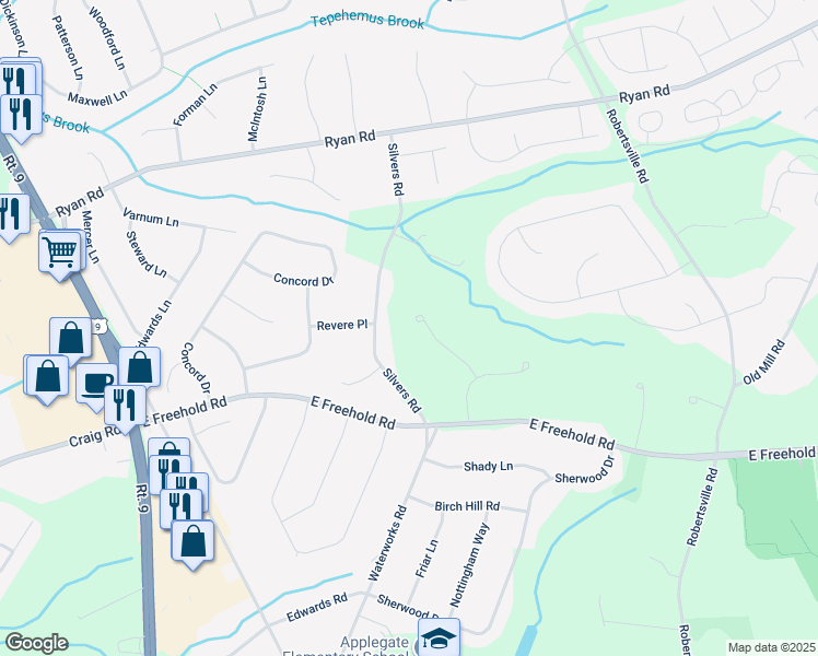 map of restaurants, bars, coffee shops, grocery stores, and more near 91 Fox Chase Court in Freehold Township