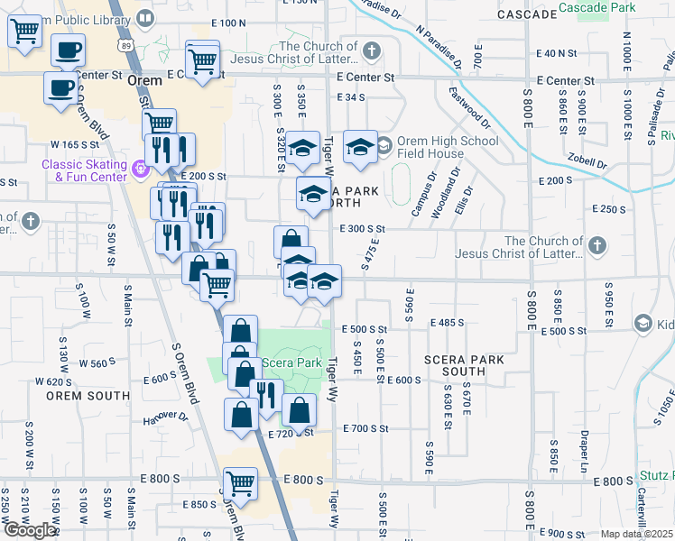 map of restaurants, bars, coffee shops, grocery stores, and more near 395 400 South in Orem