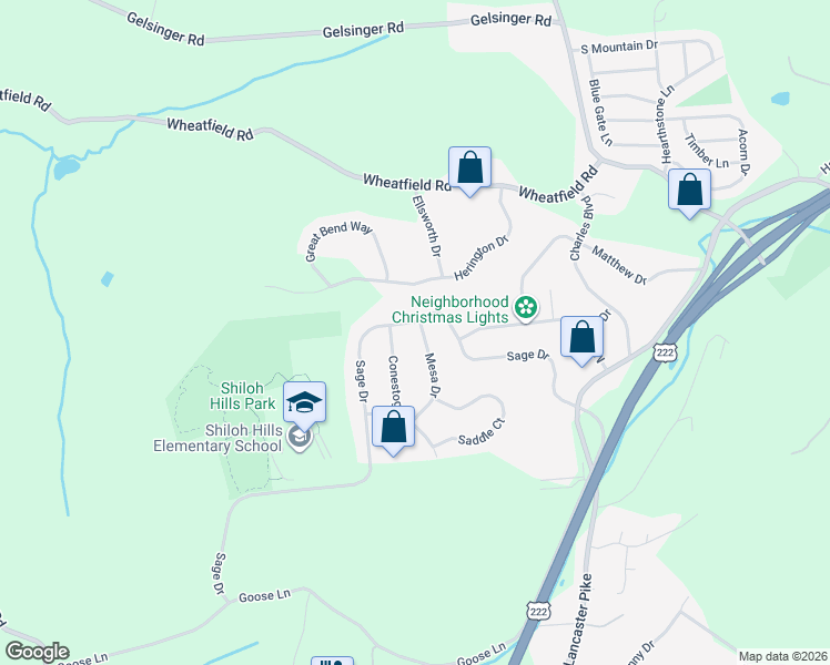 map of restaurants, bars, coffee shops, grocery stores, and more near 124 Mesa Drive in Sinking Spring