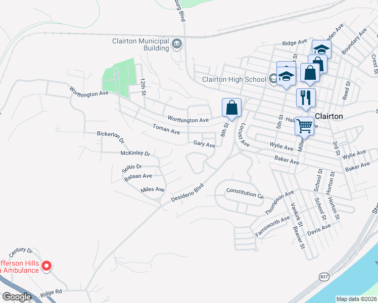 map of restaurants, bars, coffee shops, grocery stores, and more near 121 Jefferson Drive in Clairton
