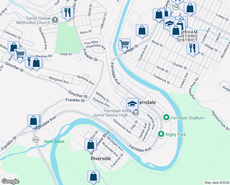 map of restaurants, bars, coffee shops, grocery stores, and more near 402 Vickroy Avenue in Johnstown