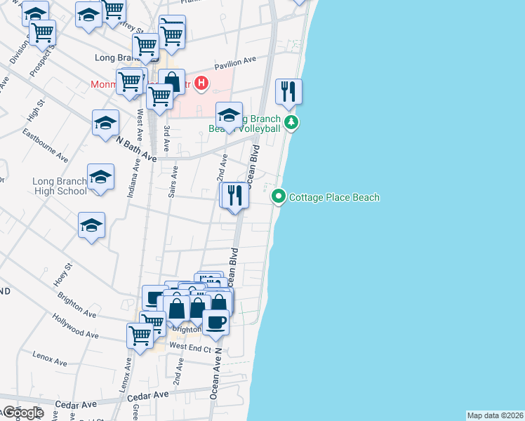 map of restaurants, bars, coffee shops, grocery stores, and more near 448 North Ocean Avenue in Long Branch