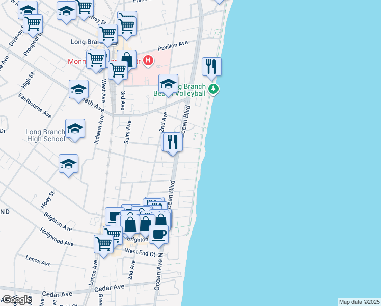 map of restaurants, bars, coffee shops, grocery stores, and more near 448 North Ocean Avenue in Long Branch