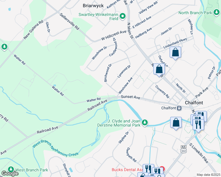 map of restaurants, bars, coffee shops, grocery stores, and more near 139 Birchwood Drive in Chalfont