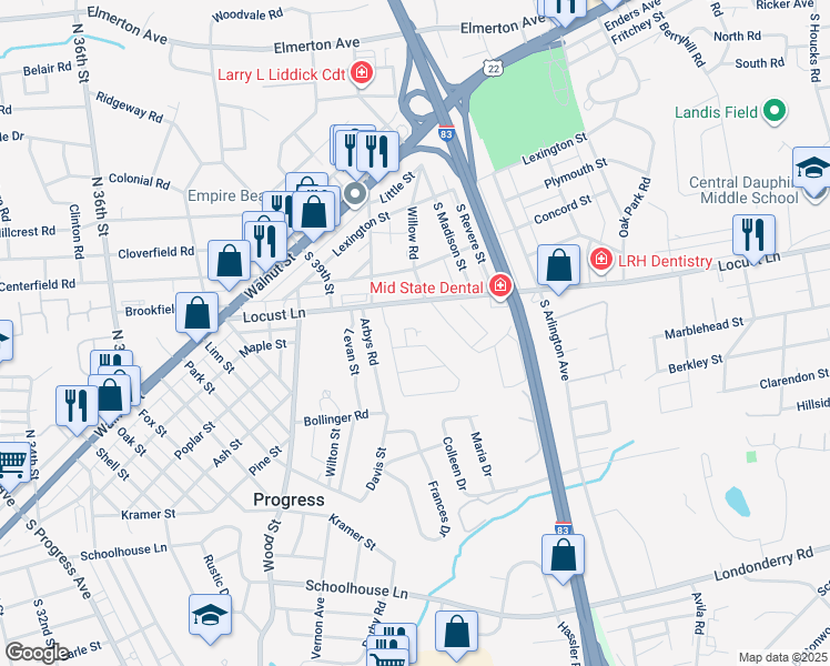 map of restaurants, bars, coffee shops, grocery stores, and more near 309 Feeser Road in Harrisburg