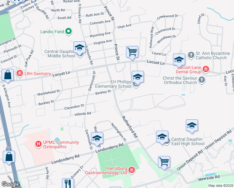 map of restaurants, bars, coffee shops, grocery stores, and more near 4944 Berkley Street in Harrisburg