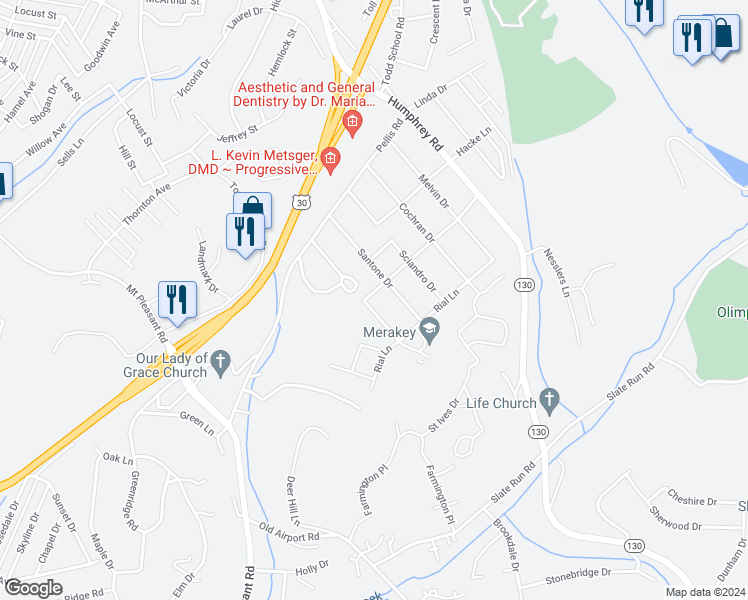 map of restaurants, bars, coffee shops, grocery stores, and more near 703 Farview Drive in Greensburg