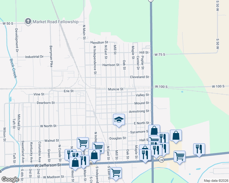 map of restaurants, bars, coffee shops, grocery stores, and more near 536 Mill Street in Tipton