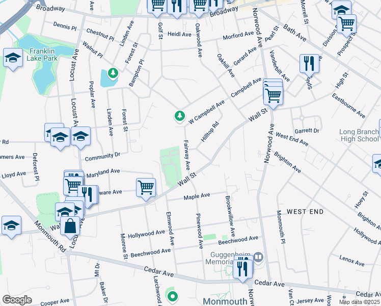 map of restaurants, bars, coffee shops, grocery stores, and more near 56 Hilltop Road in West Long Branch