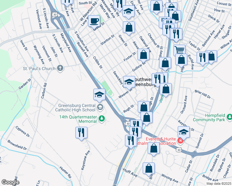map of restaurants, bars, coffee shops, grocery stores, and more near 726 Cribbs Street in Greensburg