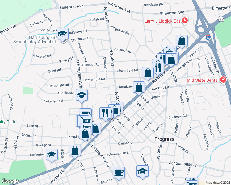 map of restaurants, bars, coffee shops, grocery stores, and more near 3601 Brookfield Road in Harrisburg