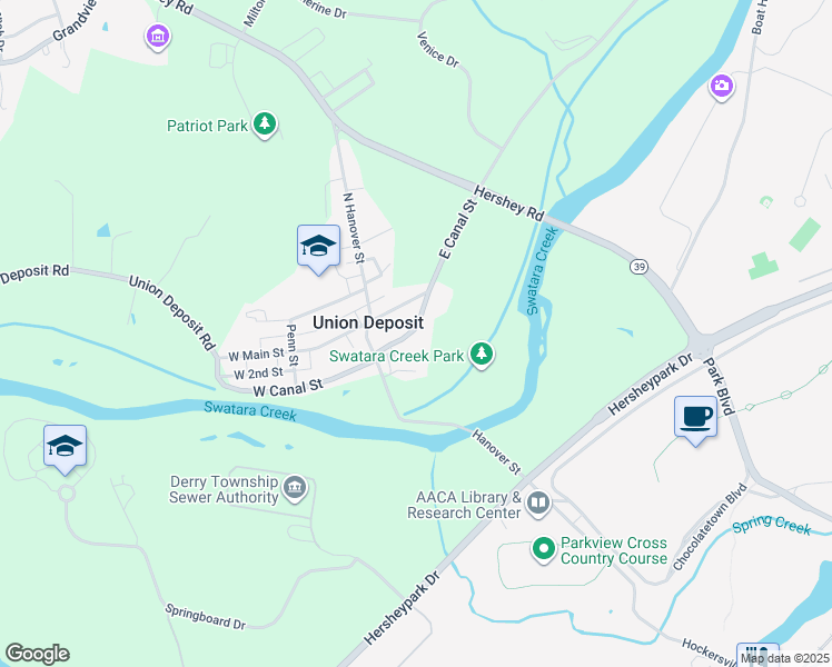 map of restaurants, bars, coffee shops, grocery stores, and more near 40 East Canal Street in Hershey