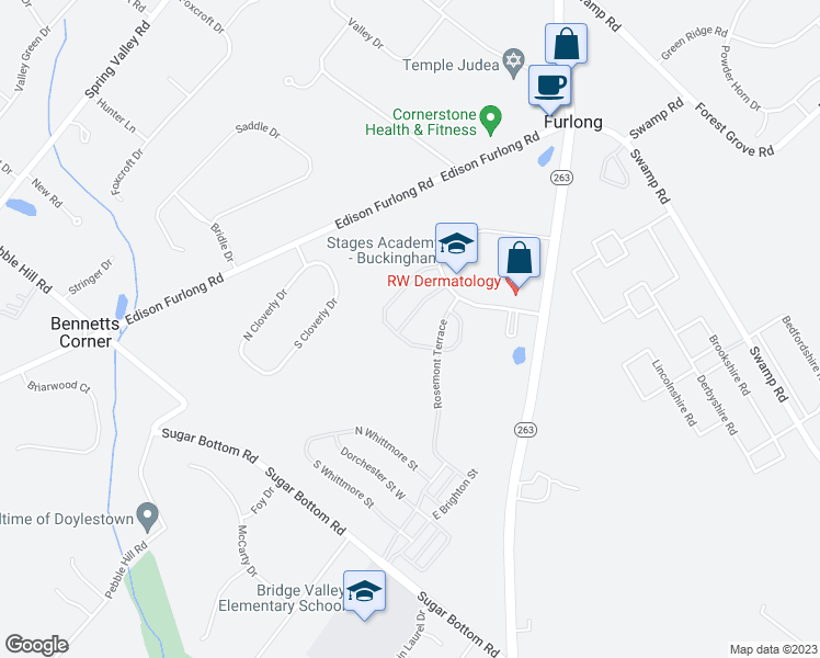 map of restaurants, bars, coffee shops, grocery stores, and more near 3205 Whisper Lane in Furlong