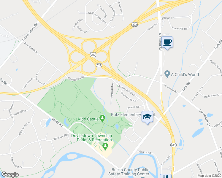 map of restaurants, bars, coffee shops, grocery stores, and more near 12 Morgan Hill Road in Doylestown