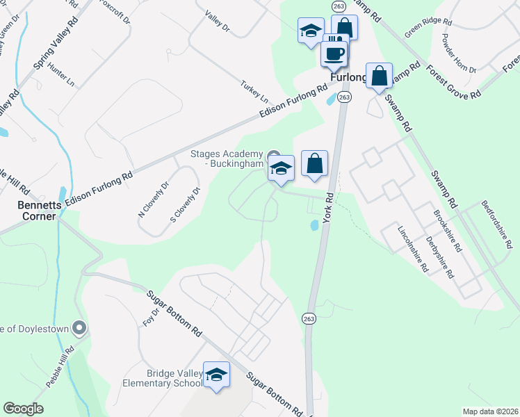map of restaurants, bars, coffee shops, grocery stores, and more near 2396 Rosemont Terrace in Furlong