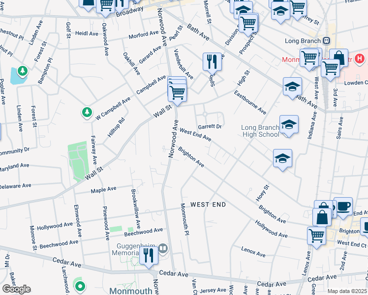 map of restaurants, bars, coffee shops, grocery stores, and more near 465 Brighton Avenue in Long Branch