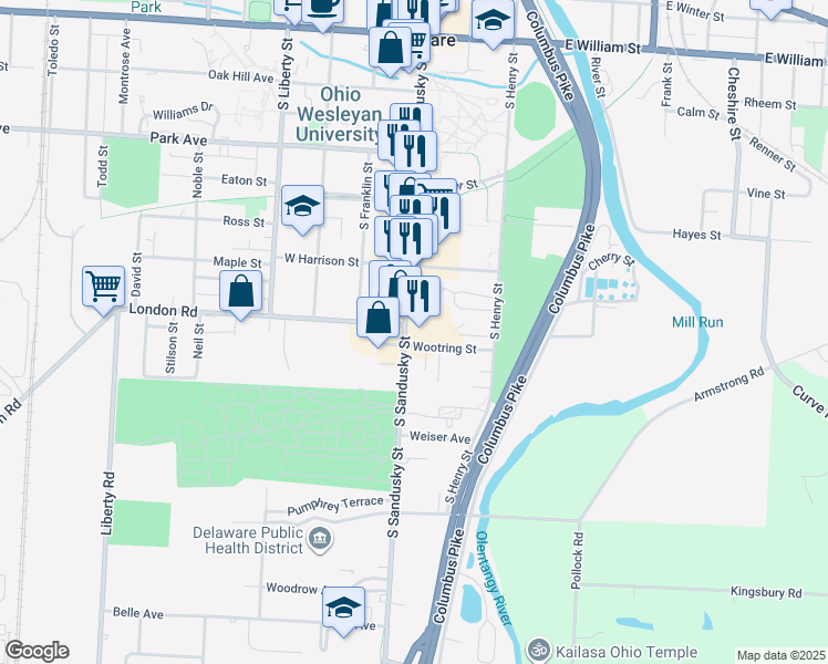 map of restaurants, bars, coffee shops, grocery stores, and more near 279 S Sandusky St in Delaware