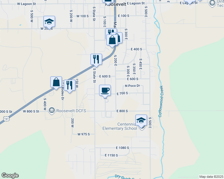 map of restaurants, bars, coffee shops, grocery stores, and more near 680 South 200 East in Roosevelt