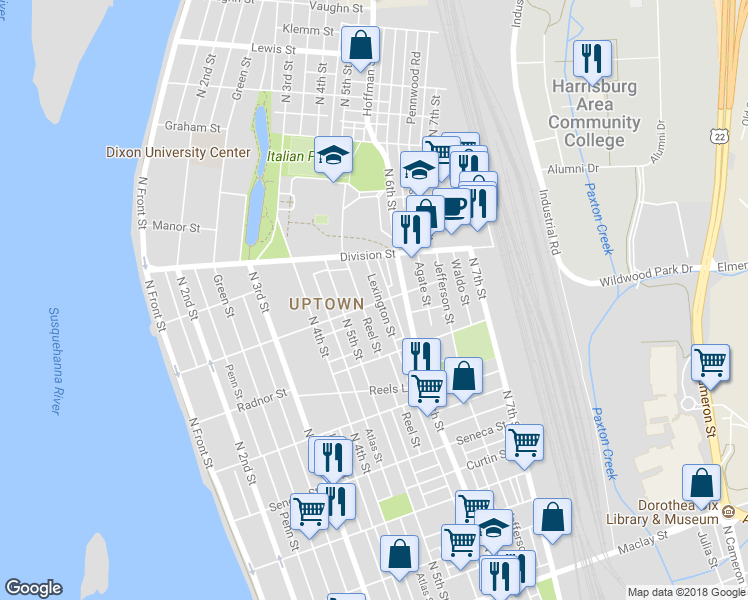 map of restaurants, bars, coffee shops, grocery stores, and more near 2700 Lexington St in Harrisburg