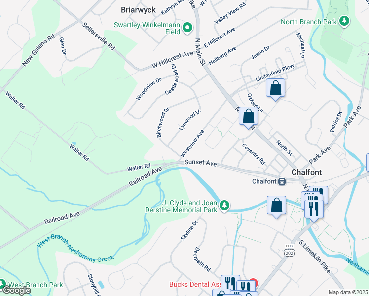 map of restaurants, bars, coffee shops, grocery stores, and more near 77 Westview Avenue in Chalfont