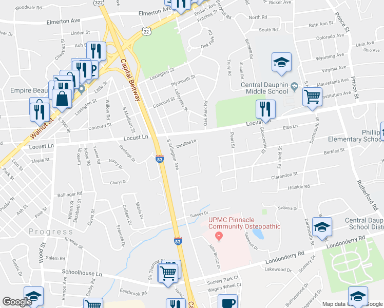 map of restaurants, bars, coffee shops, grocery stores, and more near 4240 Catalina Lane in Harrisburg