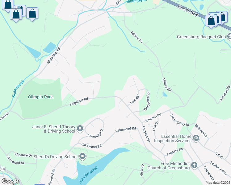 map of restaurants, bars, coffee shops, grocery stores, and more near 424 Feightner Road in Greensburg