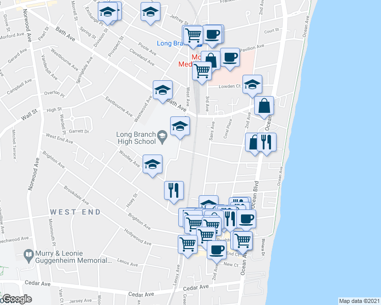 map of restaurants, bars, coffee shops, grocery stores, and more near 2 Eastbourne Avenue in Long Branch