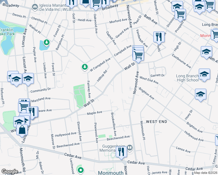 map of restaurants, bars, coffee shops, grocery stores, and more near 56 Wall St in West Long Branch