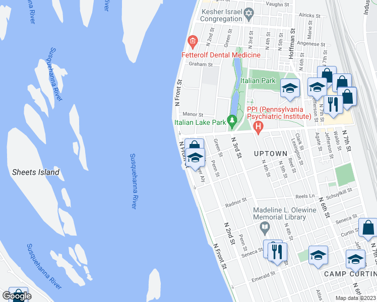 map of restaurants, bars, coffee shops, grocery stores, and more near 2833 North Front Street in Harrisburg