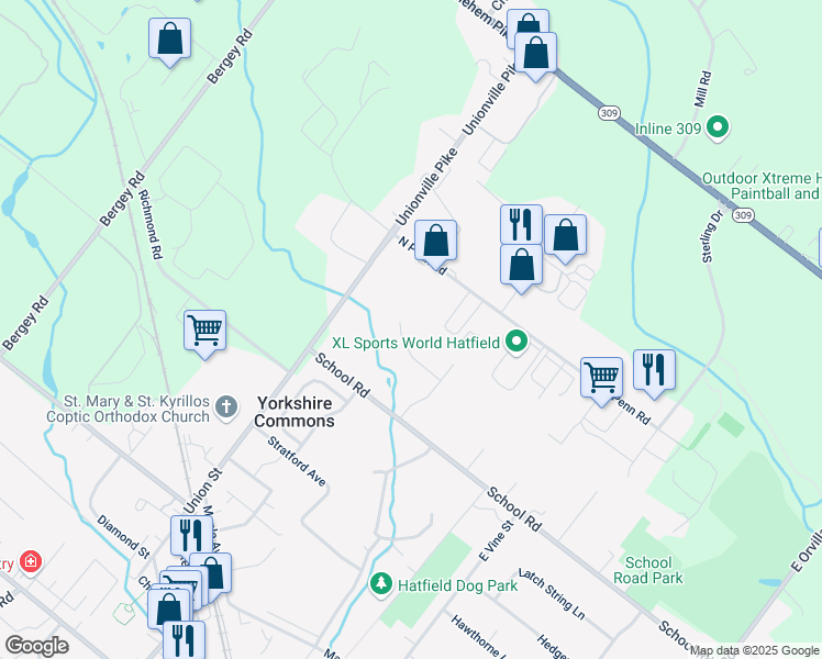 map of restaurants, bars, coffee shops, grocery stores, and more near 2361 Meadow Lane in Hatfield