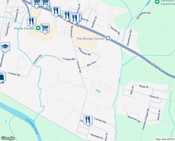 map of restaurants, bars, coffee shops, grocery stores, and more near 113 Ritz Avenue in Reading