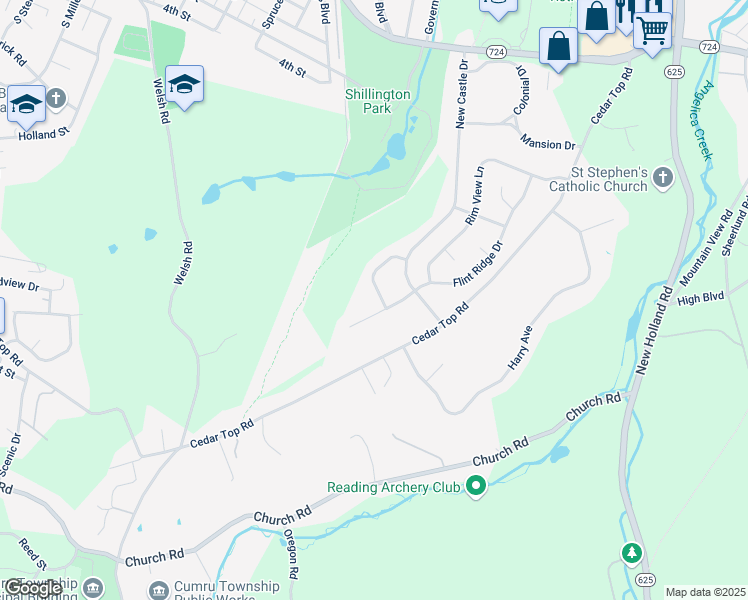 map of restaurants, bars, coffee shops, grocery stores, and more near 18 Shady Hollow Lane in Reading