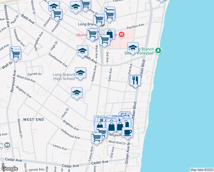 map of restaurants, bars, coffee shops, grocery stores, and more near 3 Eastbourne Avenue in Long Branch