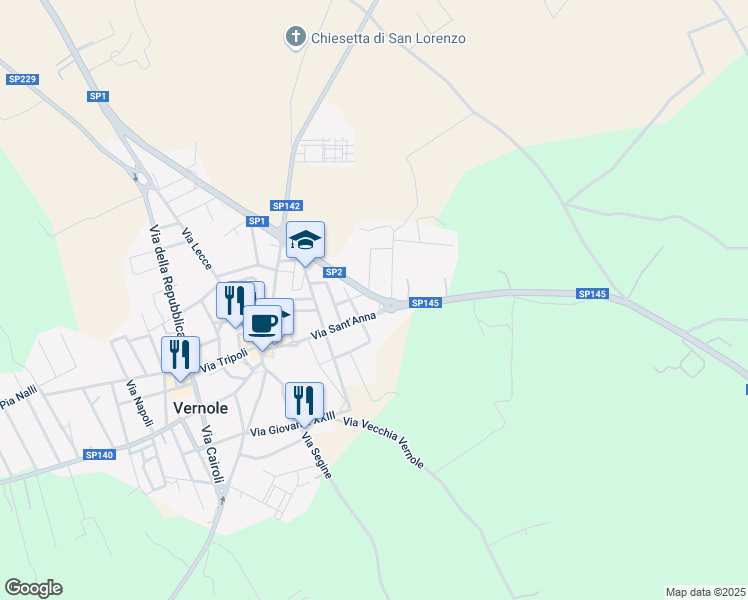 map of restaurants, bars, coffee shops, grocery stores, and more near 90 Via Sant'Anna in Vernole